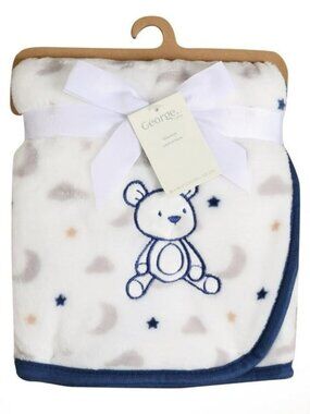 George Baby Teddy Bear Security Blanket With Applique Moon Clouds Stars Blue NWT